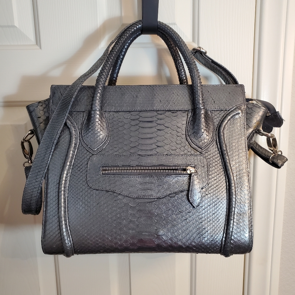 Genuine Python Metallic Gray Large Handbag - image 2